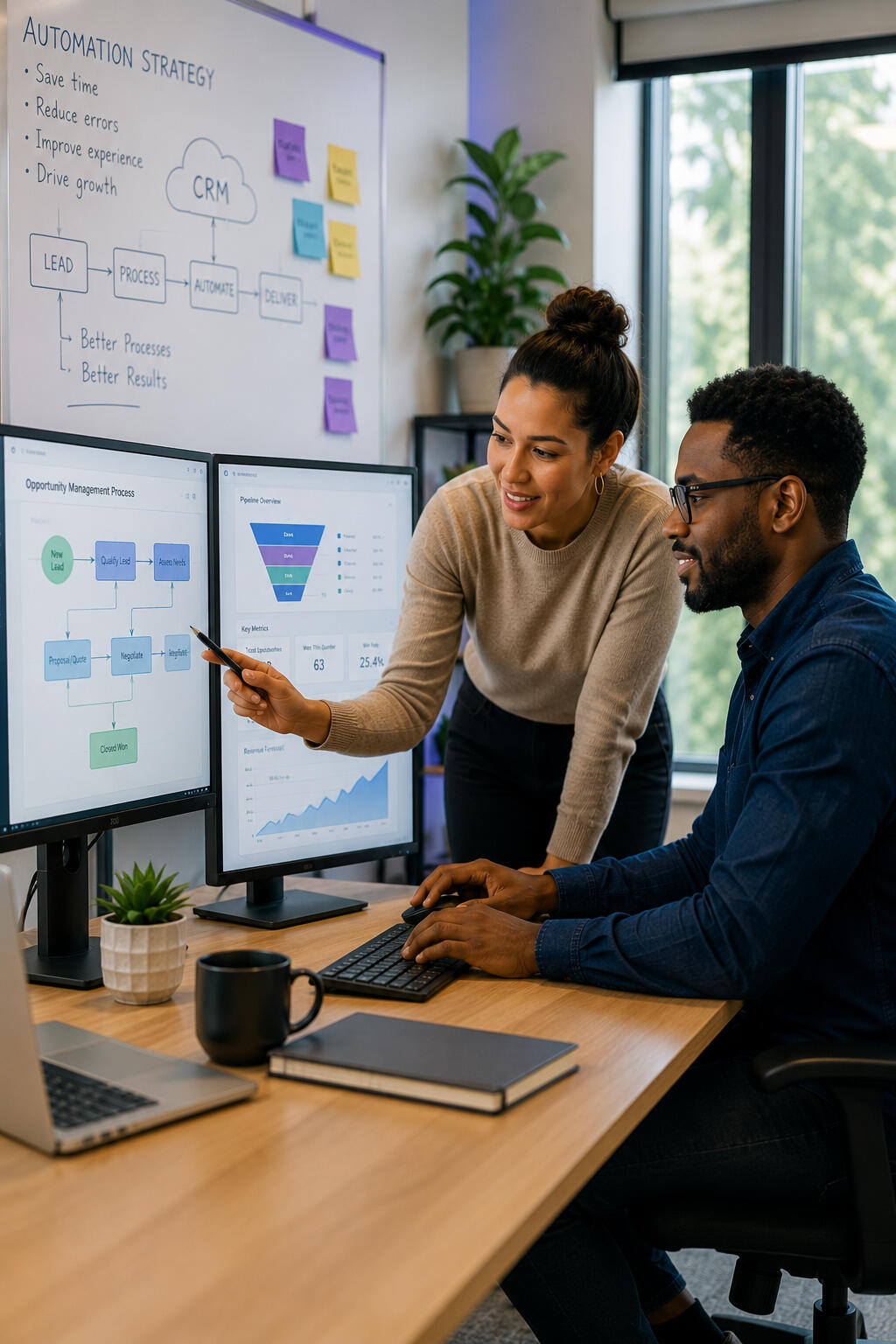 CRM Automation Discussion Consultant reviewing CRM automation workflows and business dashboards with a client to improve organizational efficiency.