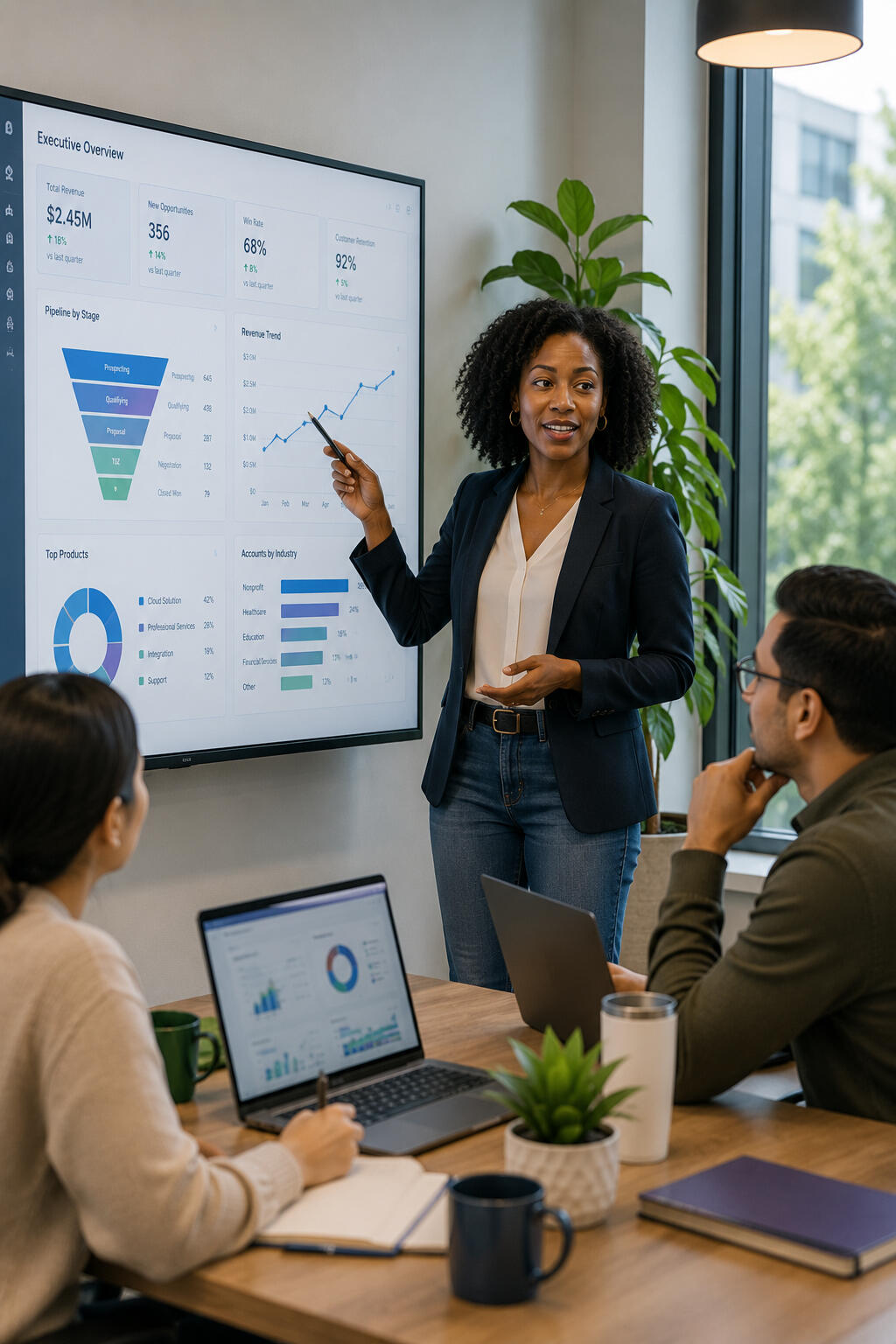 Reporting & Analytics Strategy Consultant presenting CRM dashboards and business analytics to help clients make data-driven decisions.