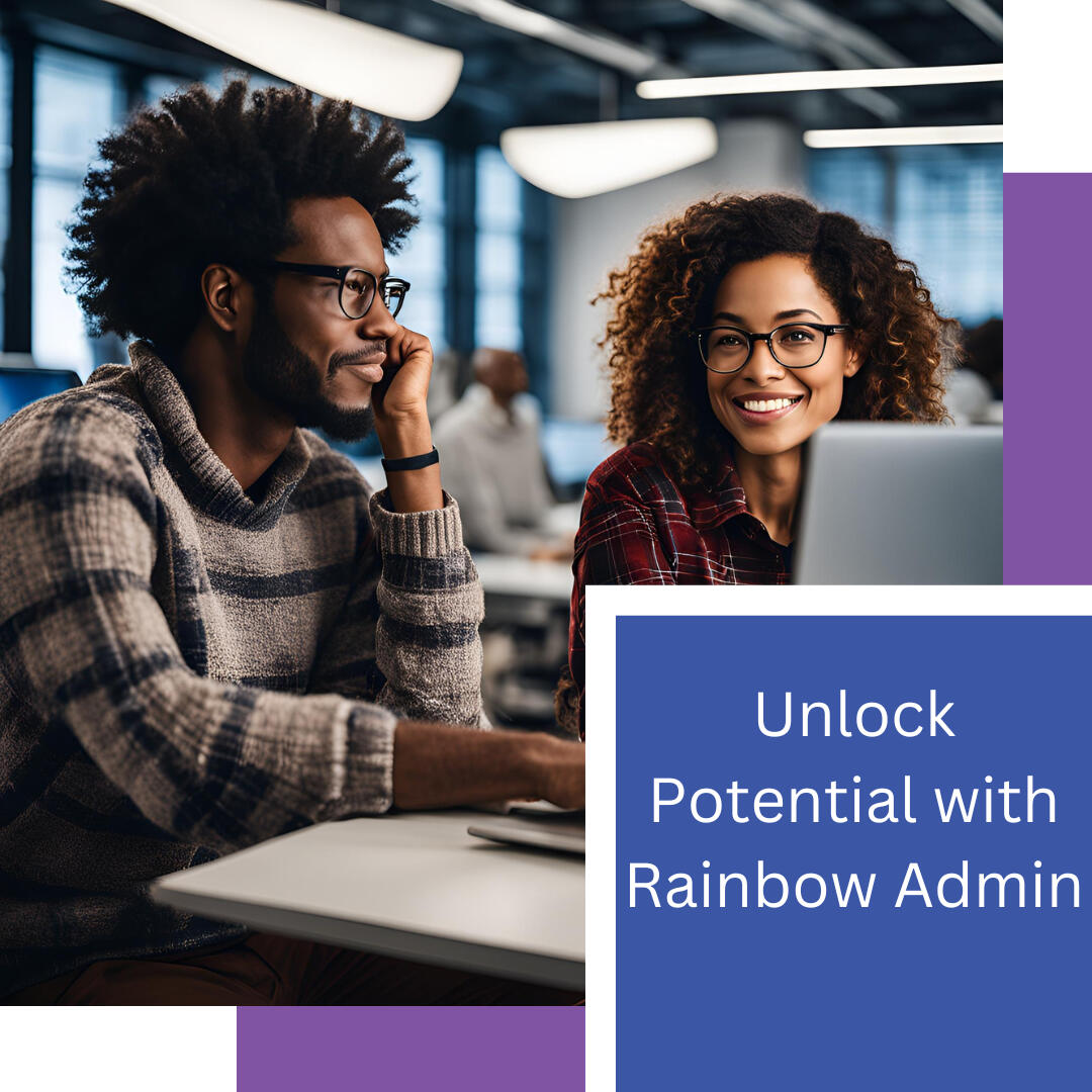 Unlock Potential with Rainbow Admin Two people working in an office setting at a computer