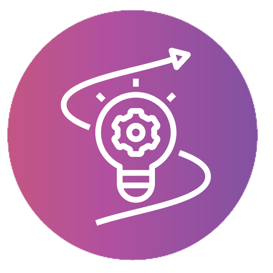Innovative Solutions Lightbulb icon with a gear inside. Swirling arrow tracing around the bulb