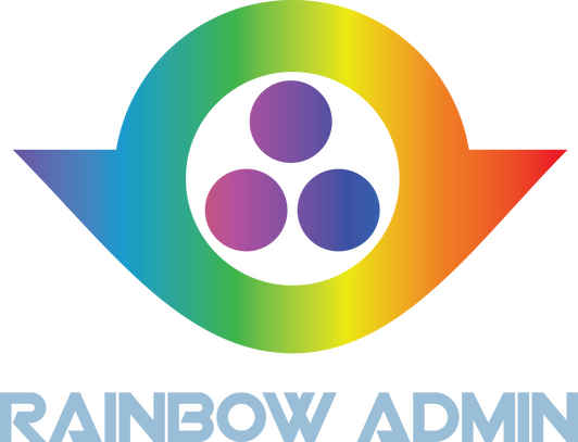 Rainbow Admin Rainbow Admin Logo: Three dots with a blue-purple color gradient, inside a larger circle like outline with two wing link points on either side. Colored with a rainbow gradient.